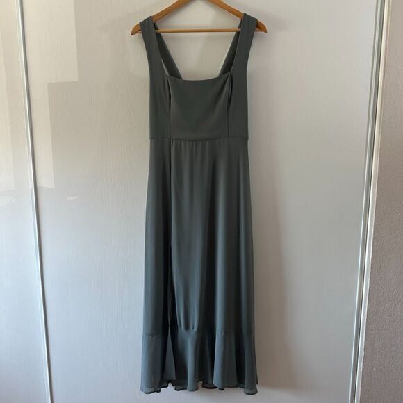 Show Me Your MuMu Claire Midi Deep Sage Green Chiffon Slit Smocked Dress Size L - Picture 3 of 9